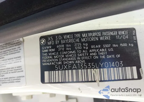 2005 BMW X5 3.0I from USA, damaged, VIN 5UXFA13535LY01403